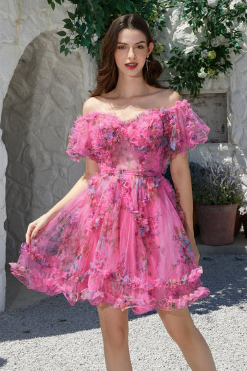 Beautiful A Line Off the Shoulder Fuchsia Tulle Short Formal Dress with Short Sleeves